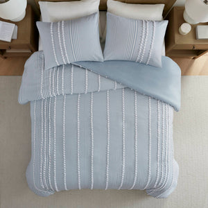 English Elm 3-piece King Yarn Dyed Cotton Duvet Set with Pompom Jacquard Stripe Percale Reverse Blue B035P482897