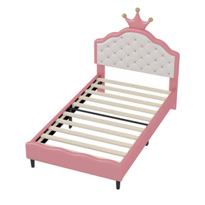 English Elm Twin Lovely Crown Fantasy PU Leather Princess Bed with Tufted Headboard, Soft Upholstery, Sturdy Design Pink 42 L x 22.5 W x 7.5 H N733P198760H