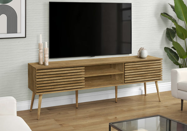 English Elm Tv Stand 72" Walnut Laminate Media Console with Sliding Doors, Open Shelves, Cable Management, Retro Legs B2710P219124