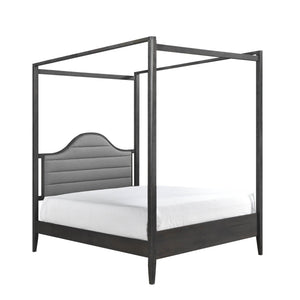 English Elm Upholstery Canopy Queen Bed with Padded Headboard, Solid Wood Frame, Elegant Modern Bedroom Centerpiece Brown Mix 64 L x 34.75 W x 4 H B011S01357