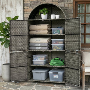 English Elm K&k Tall Arched Pe Rattan Outdoor Storage Cabinet with Adjustable Shelves and Steel Frame Grey N707P420158G