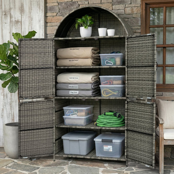 English Elm K&k Tall Arched Pe Rattan Outdoor Storage Cabinet with Adjustable Shelves and Steel Frame Grey N707P420158G