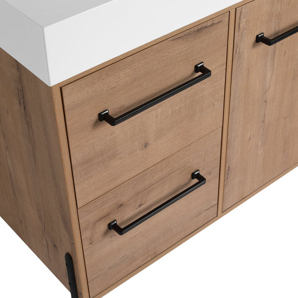English Elm 48" Floating Bathroom Vanity Dual Ceramic Vessel Sinks Oak Finish Soft Close Doors W999S00527