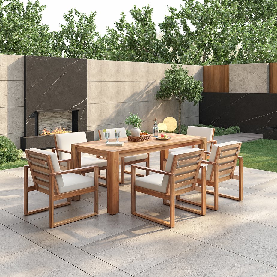 English Elm Trexm Acacia Wood Outdoor Dining Set Seats Six with Umbrella Hole Rustic Patio Beige,Light Teak TM000019AAD