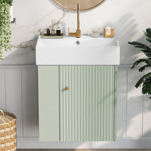 English Elm 21.6 Modern Floating Bathroom Vanity with Ceramic Basin, Wave Door, Rose Gold Handle, Space-Saving Green N729P170390F
