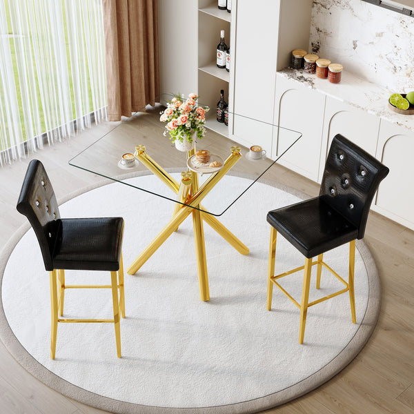 English Elm Modern Tempered Glass Pub Set with Gold Chrome Base and Black Pu Leather Stools W3875S00039