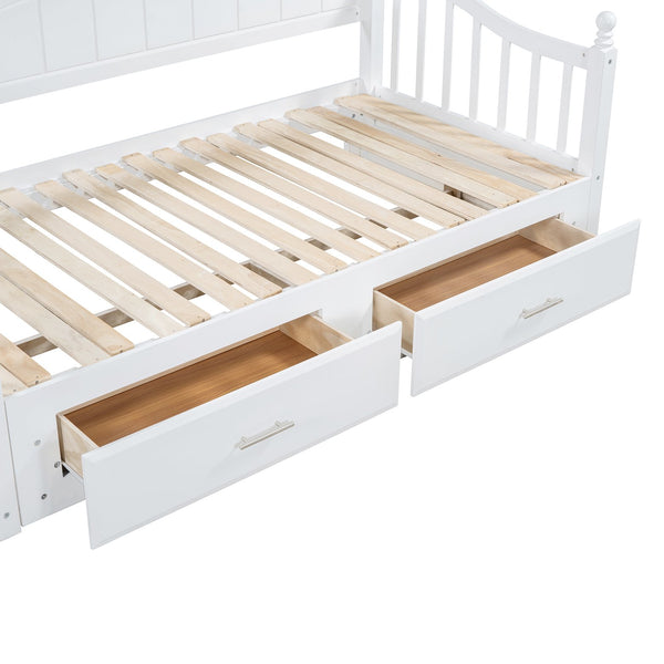 English Elm Wooden Twin Daybed with Trundle and Two Storage Drawers, Solid MDF Frame, Guardrails for Safety and Style White 43.5 L x 24.75 W x 6 H N733S173459K