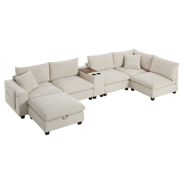 English Elm 139'' U-shaped Corduroy Sectional with Ottoman Console Usb Port and Cup Holders for Living Beige N723S1166A