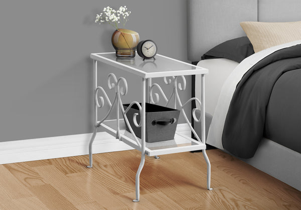 English Elm Accent Table Elegant Scroll Metal Frame with Two Tempered Glass Surfaces for Living Room Décor, Versatile End Nightstand 24x12x22 inches White 26 L x 26 W x 5 H B2710P219191