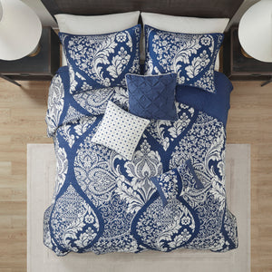 English Elm 6 Madison Park Vienna Reversible Cotton Quilt Set with Damask Print, Flange Edge & Embroidered Pillows Indigo 17.72 L x 15.75 W x 13.5 H B03597521