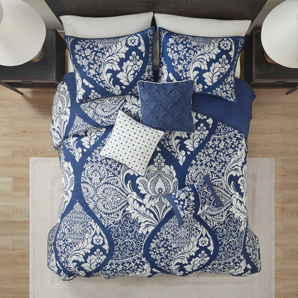 English Elm 6 Madison Park Vienna Reversible Cotton Quilt Set with Damask Print, Flange Edge & Embroidered Pillows Indigo 17.72 L x 15.75 W x 13.5 H B03597521