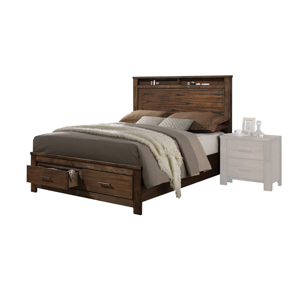 English Elm Queen Storage Bed Frame with Headboard Shelves and Four Integrated Footboard Drawers B2726P283877