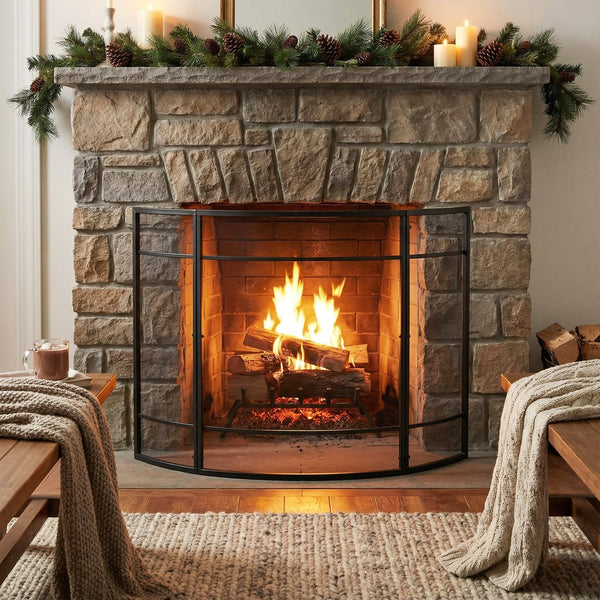 English Elm Regina Curved Iron Fireplace Screen with Welded Grid for Modern Minimalist Interiors Black N775P386929B