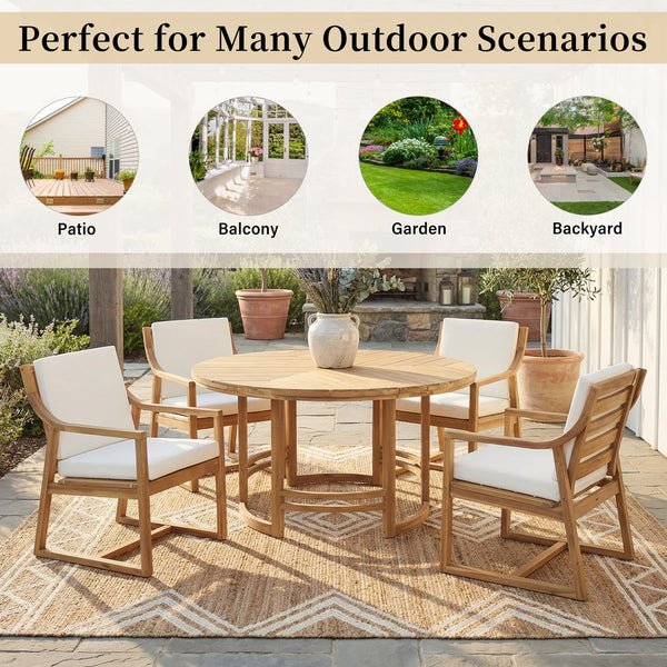 English Elm Outdoor Acacia Wood Dining Set Seats Six with Cushioned Armrest Chairs for Patio Beige,Light Teak N719Z000230L