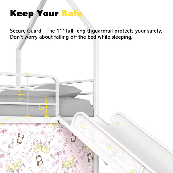 English Elm Jack Twin Loft Bed with Slide, Curtains, Guardrails & Pennant Banner — Safe, Quiet Assembly, Kids' Decor B083P361166