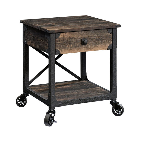 English Elm Side Table With Rolling Casters - Brown Industrial Finish, Spacious Top & Smart Storage Solution B356P367951-GIGA