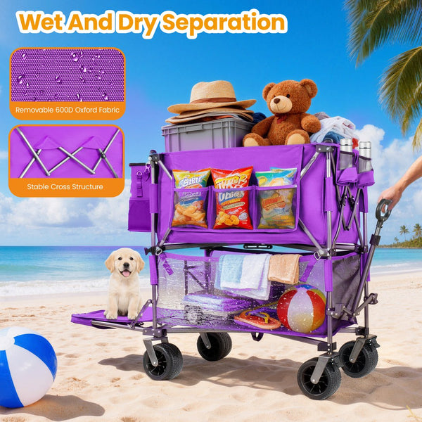 English Elm 55" Double Decker Collapsible Wagon 560lb Capacity Alloy Steel Frame All-terrain Wheels Purple W2932P405187