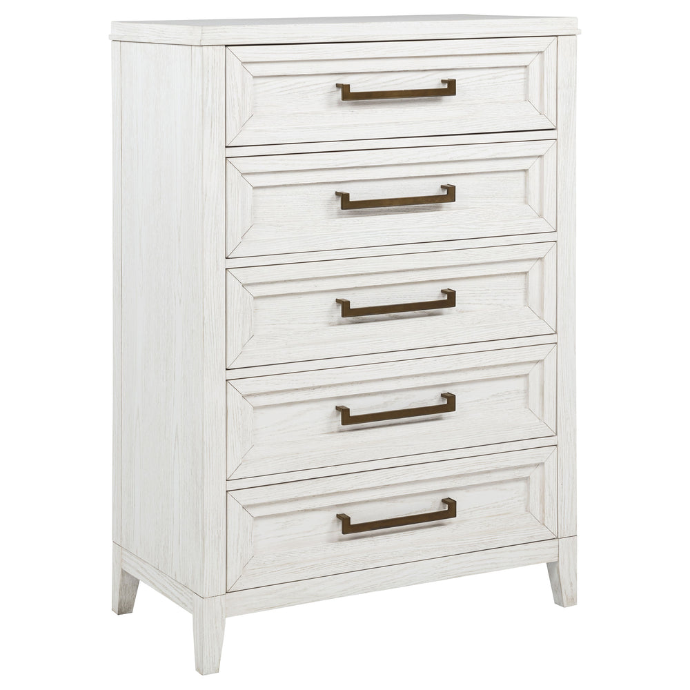 English Elm Inverness Five Drawer Farmhouse Chest with Crown Molding and Distressed Wood Finish B062P447819