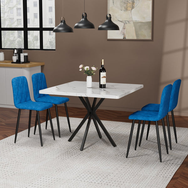 English Elm Square MDF Dining Set for 4 with Faux Marble Top, Mid-Century Modern Iron Legs, Easy-Clean Surface White+Blue W578S00022