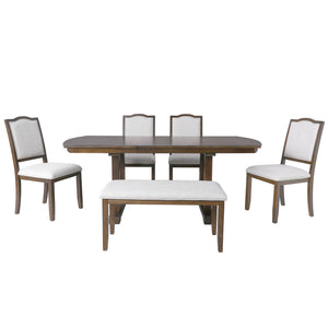 English Elm 6-piece Extendable Wood Dining Set with Linen Upholstered Chairs Bench Seats Eight Beige+Brown N752S000097D