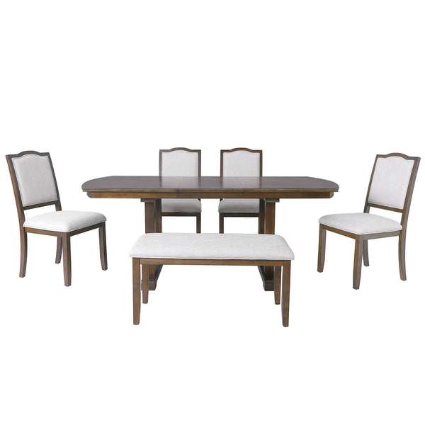 English Elm 6-piece Extendable Wood Dining Set with Linen Upholstered Chairs Bench Seats Eight Beige+Brown N752S000097D