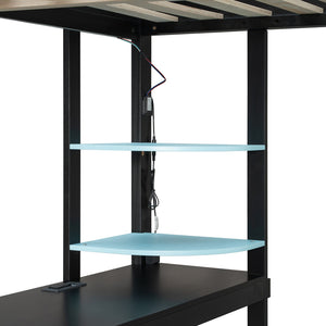 English Elm Full Size Gaming Loft Bed with Rgb Lighting Integrated Desk and Open Wardrobe Blue N820S00073C