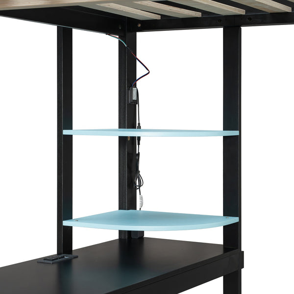 English Elm Full Size Gaming Loft Bed with Rgb Lighting Integrated Desk and Open Wardrobe Blue N820S00073C