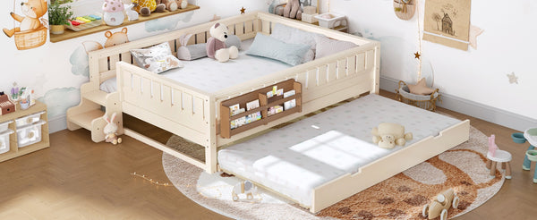 English Elm Queen Bunk Bed with Trundle Solid Pine Kids Car Themed Frame Built-in Bookshelf Beige W1580S00562