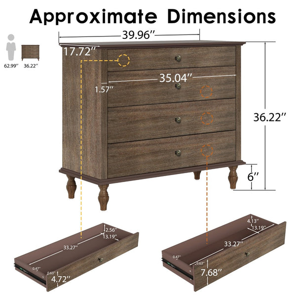 English Elm Large Antique Style 4-drawer Chest with Crown Molding Roman Legs Bedroom Storage Deep Rustic Brown W1445P422422