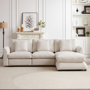 English Elm MH102.2 Modular 102.2" L-Shaped Sectional Sofa with Ottoman, 3 Cushions & Pillows, Upholstered Comfort Beige W1193S00136