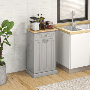 English Elm HOMCOM Tilt-Out Trash Cabinet with Drawer and Oak Top, Space-Saving Pet-Safe Kitchen Organizer W2225P200649