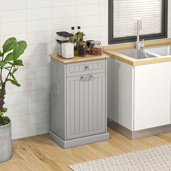 English Elm HOMCOM Tilt-Out Trash Cabinet with Drawer and Oak Top, Space-Saving Pet-Safe Kitchen Organizer W2225P200649