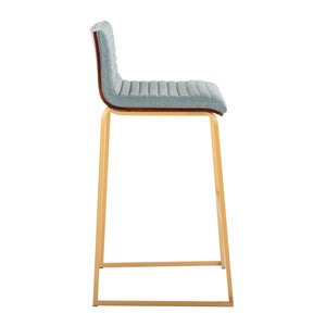 English Elm Mason 30" Contemporary Barstool Set Of 2 - Gold Metal, Walnut Wood & Plush Green Fabric Seating B202P222242