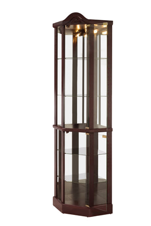 English Elm Glass Corner Curio Cabinet Lighted Dark Wood Display with Carved Crown Floral Detail Cherry W2275P292645