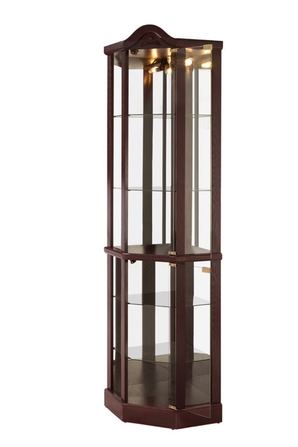 English Elm Glass Corner Curio Cabinet Lighted Dark Wood Display with Carved Crown Floral Detail Cherry W2275P292645