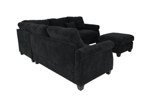 English Elm 4pc Corduroy Sectional Sofa Set with Ottoman Corner Wedge and Low-profile Modern Legs Black B011S02225