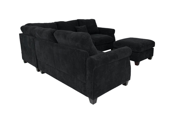English Elm 4pc Corduroy Sectional Sofa Set with Ottoman Corner Wedge and Low-profile Modern Legs Black B011S02225