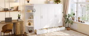 English Elm Full Size Murphy Wall Bed with Side Cabinets Three Drawers and Shelving for Small Spaces White W1580S00450