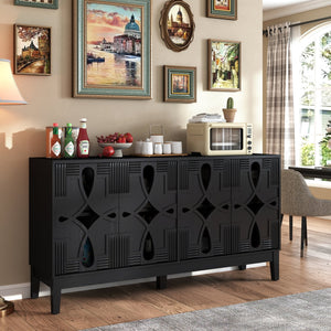 English Elm 60.5" Mid Century Sideboard Buffet Cabinet with Adjustable Shelves, Outlet Holes, Durable Black Finish W1801P268982