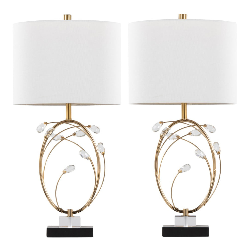 English Elm Table Lamp Set of 2 Black Metal Crystal Accents Gold Finish Linen Shade Bedroom B202P471578