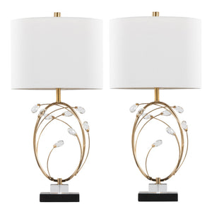 English Elm Table Lamp Set of 2 Black Metal Crystal Accents Gold Finish Linen Shade Bedroom B202P471578