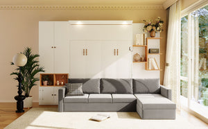 English Elm Queen Murphy Wall Bed with Velvet Sofa Built in Shelves Cabinets and Reading Lights White LP000393AAK