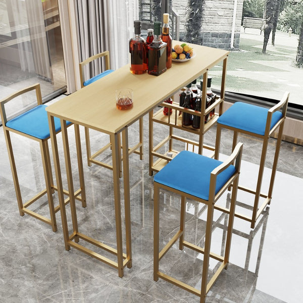 English Elm Bar Table and Four Cushioned Chairs Gold Iron Frame with Built-in Shelf Coastal Style W3064P245382