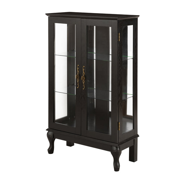 English Elm Curio Cabinet with Lighted Tempered Glass, Mirrored Back, Adjustable Shelves, Vintage Handle — Black W2275P389705