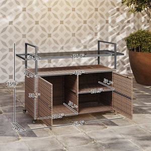 English Elm Outsunny Pe Rattan Outdoor Bar Cart with Tempered Glass Top and Storage Cabinet W2225P485624