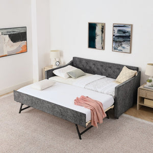 English Elm Twin Linen Tufted Daybed with Pop up Trundle and Usb Port for Guest Rooms Grey W1413S00128