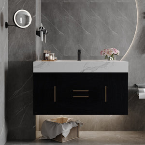 English Elm 39.4 Inch Floating Bathroom Vanity Sintered Stone Top Solid Wood 2 Soft Close Drawers W3136S00081