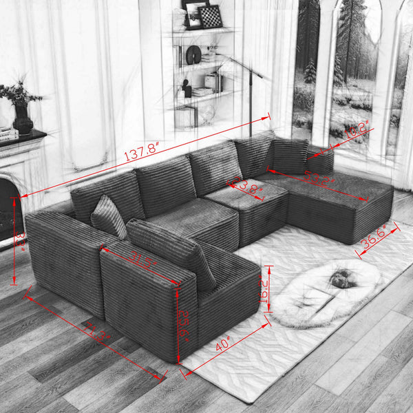 English Elm 106" Cloud Sectional Couch - L-Shaped Modular Sofa With Right-Facing Chaise In Black Plush Corduroy W1143S00028