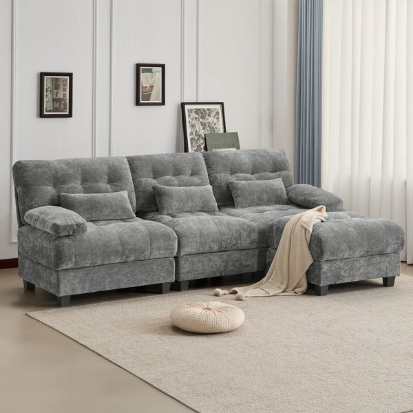 English Elm Ottoman and Chenille Sofa Set with Adjustable Backrest for Relaxed Living Room Comfort Gray W2606P359228