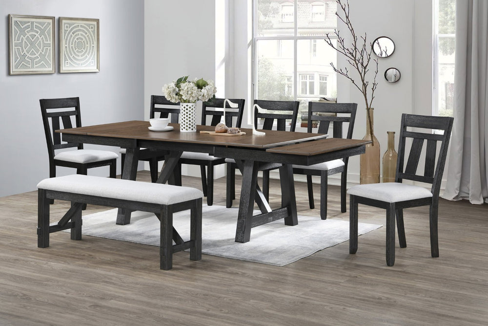 English Elm 8pc Cottage Solid Wood Extendable Trestle Dining Set with Upholstered Chairs and Bench B011S01672